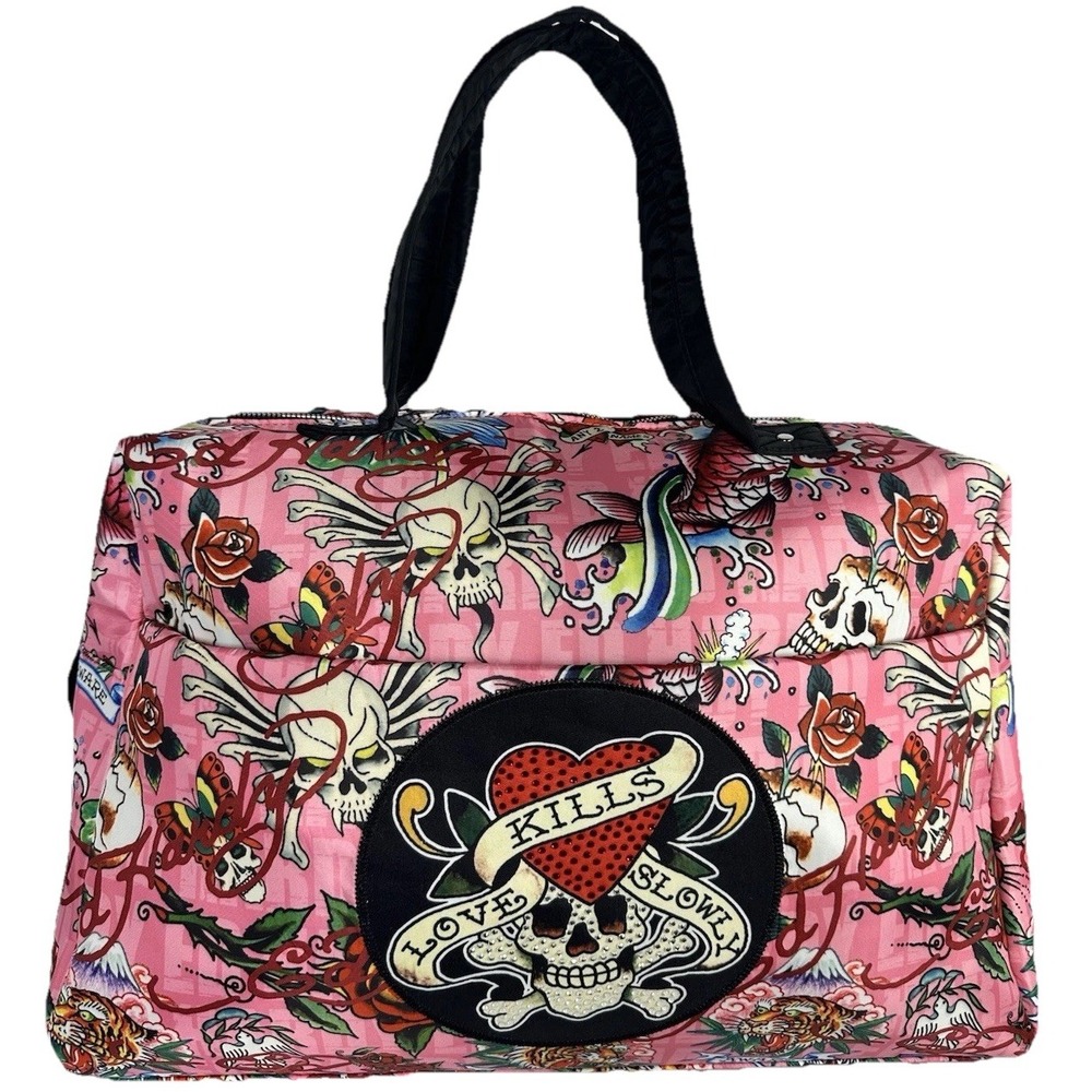 Ed Hardy Duffel Bag Women Large Pink New Kills Slowly Tattoo Rhinestone Skull